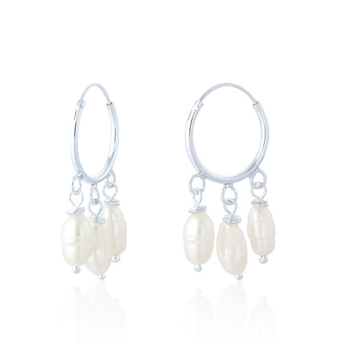 Muriel Triple Pearl Hoop Earrings - Silver