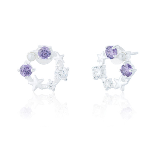 Isabelle Amethyst C.Z & Pearl Star Earrings - Silver