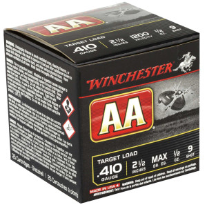 Winchester AA .410 Gauge 2 1/2" 9 shot 1/2 Oz., 25 Rounds Winchester AA .410 Gauge 2 1/2" 9 shot 1/2 Oz., 25 Rounds