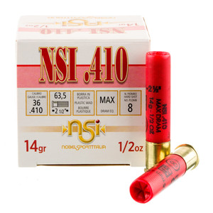 Nobel Club USA 410Gauge 2.50" 1/2oz 8Shot 25 Per Box Nobel Club USA 410Gauge 2.50" 1/2oz 8Shot 25 Per Box