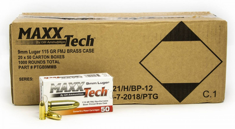 Maxxtech 9mm Brass 115 GR FMJ 50rd Box