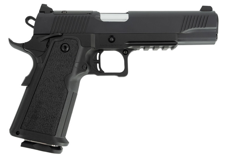 Tisas 1911 Duty DS 9mm Luger 17+1, 5" Black Steel Barrel, Black Serrated Steel Slide, Black Cerakote Steel Frame w/Beavertail & Picatinny Rail, Black Overmolded Grip, Ambidextrous