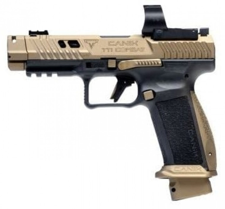 Canik  TTI Combat w/Optic Full Size Frame 9mm Luger 18+1 4.60" Fluted/Ported Barrel, Burnt Bronze Cerakote Optic Cut/Serrated Slide, Black Polymer Frame w/Picatinny Rail, MaCanik M03 Competition Red Dot