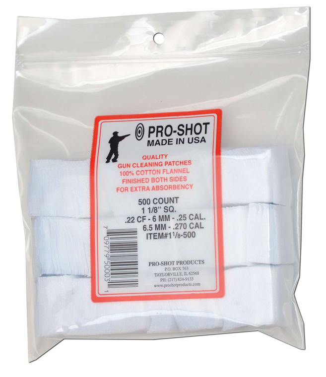 Pro-Shot 11/8-500 Cleaning Patches  Cotton 1.125" Sq 22-270 Cal 500 Per Pack