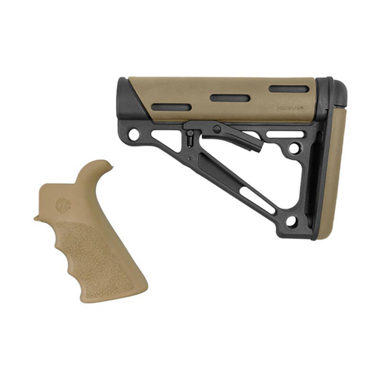 Hogue OverMolded Collapsible Buttstock made of Synthetic Material with Black Finish, Flat Dark Earth OverMolded Rubber & Includes Flat Dark Earth Rubber Finger Grooved Grip for AR-15, M16 with Mil-Spec Buffer Tube (Tube Not Included)