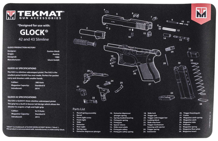 TekMat TEKR17GLOCK4243 Original Cleaning Mat  Glock 42/43 Parts Diagram 11" x 17"