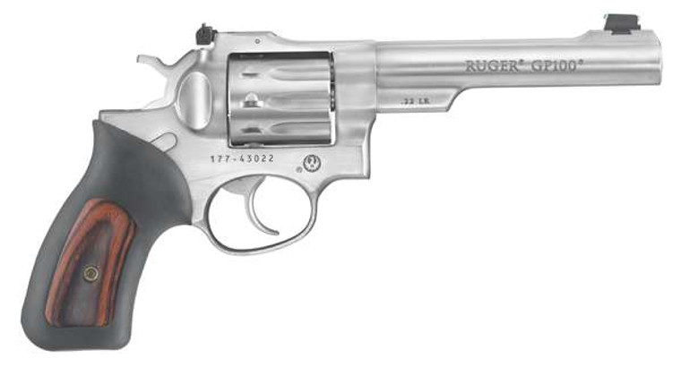 Ruger GP100 Medium Frame 22 LR 10rd 5.50" Satin Stainless Barrel, Frame & Cylinder, Black Rubber w/Wood Insert Grip, Transfer Bar Safety, Exposed Hammer