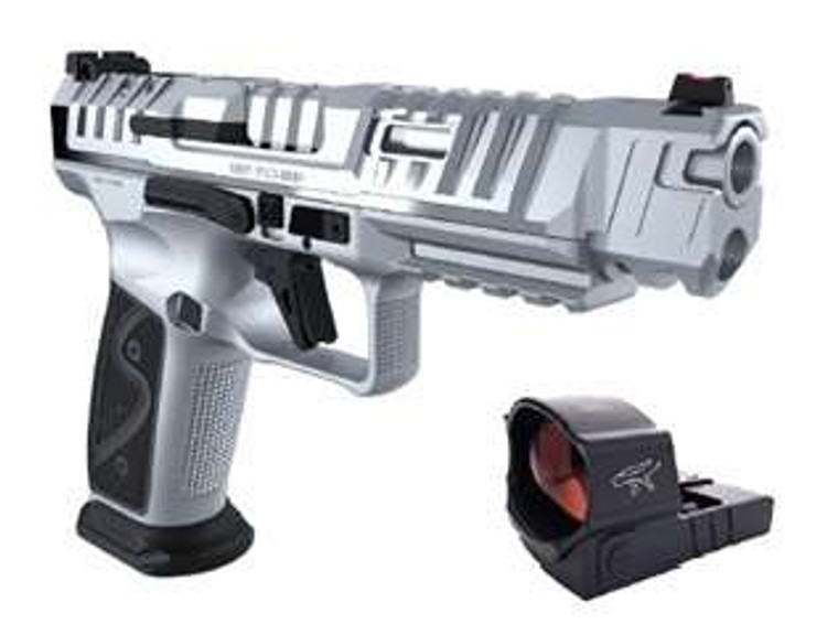 Canik SFx Rival-S Full Size Frame 9mm Luger 18+1, 5" Stainless Steel Barrel, Chrome Optic Ready/Serrated w/Ports Steel Slide, Chrome w/Black Controls Steel Frame w/Picatinny Rail, MeCanik MO2 Red Dot, Ambidextrous
