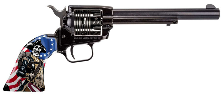 Heritage Rough Rider Independence Day 22 LR 6 Shot, 6.50" Black Oxide Steel Barrel, Black Oxide Zinc Alloy Frame, Black Oxide w/Engraved US Flag Cylinder, US Flag w/Soldier Grip, Manual Safety, Exposed Hammer