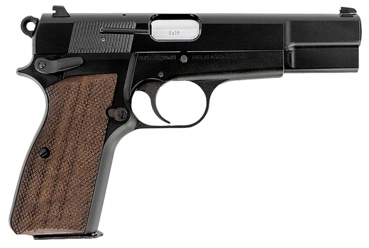 MAC Inglis P-35 9mm Luger 15+1 4.70" Black Steel Barrel, Black Chrome Serrated Steel Slide & Frame, Wood Checkered Grip