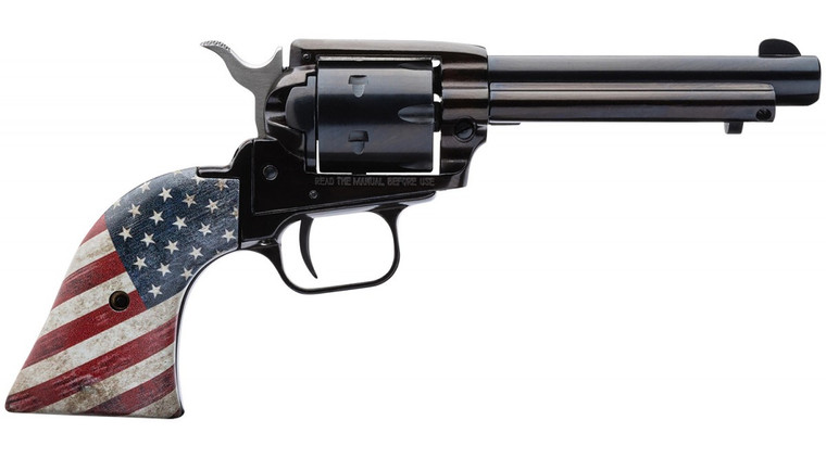 Heritage Rough Rider 22 LR 6 Shot, 4.75" Black Oxide Steel Barrel, Black Oxide Zinc Alloy Frame, Black Oxide Cylinder, US Flag Grip Manual Safety, Exposed Hammer