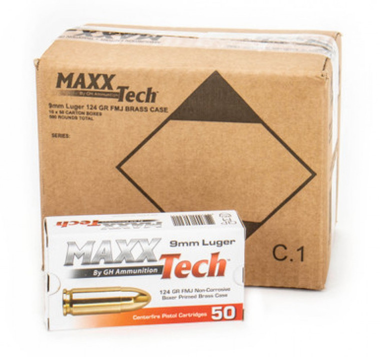 MaxxTech 9mm 124 GR FMJ 500 Round case