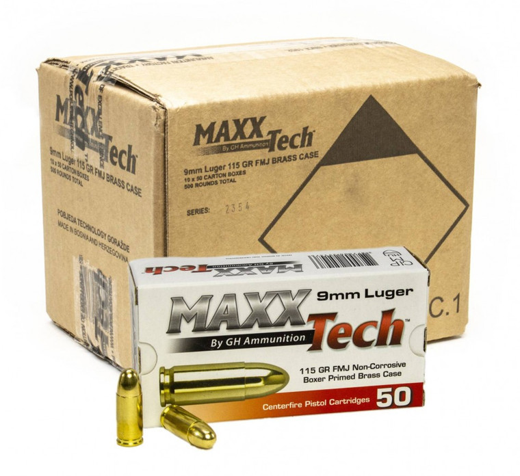 MaxxTech 9mm 115GR FMJ 500 Round case