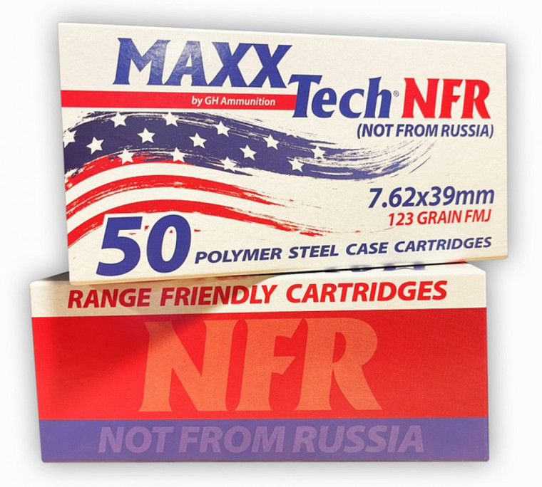 Maxxtech 7.62x39mm Ammunition NFR (Not From Russia) 123 Grain Steel Case Full Metal Jacket 50 Rounds