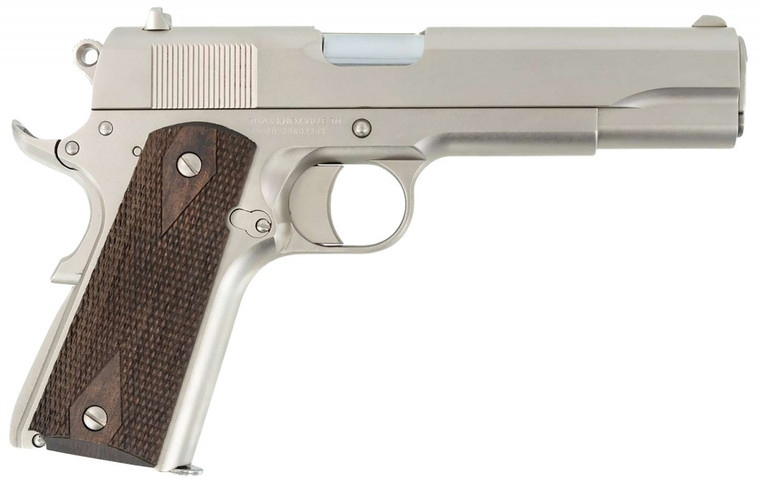 SDS Imports 1911 A1 Stakeout Full Size Frame 9mm / 38 Super 9+1 5"Stainless Button-Rifled Barrel, Nickel Serrated Stainless Steel Slide, Nickel Steel Frame w/Beavertail, Turkish Walnut Grip