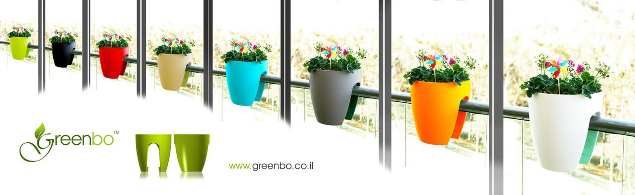 Varying colours of Greenbo railing planter.