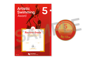 This is the Swim England Artistic Swimming Routine 5 Award, which is an a4 certificate and pin badge.