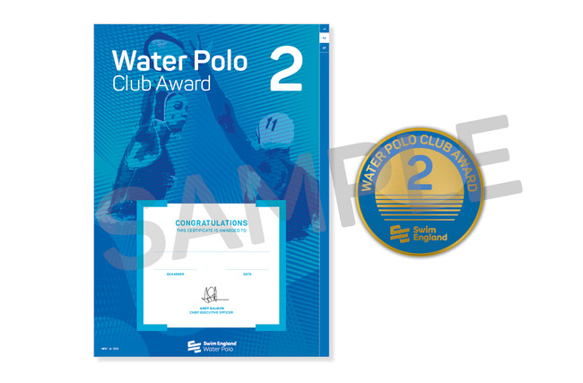 This is the Swim England Water Polo Club 2 Award, which is an a4 certificate and pin badge.