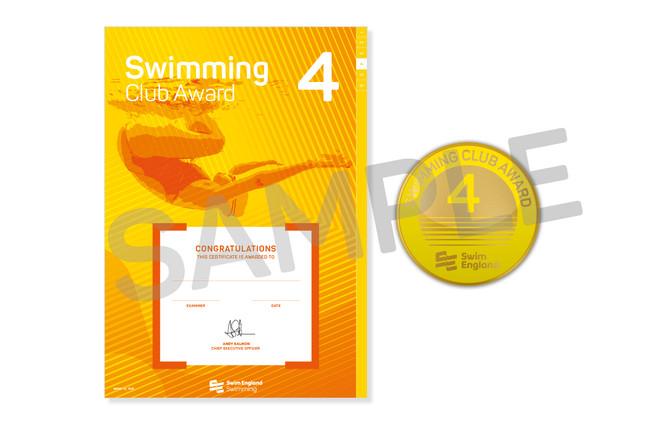 This is the Swim England Swimming Club 4 Award, which is an a4 certificate and pin badge.
