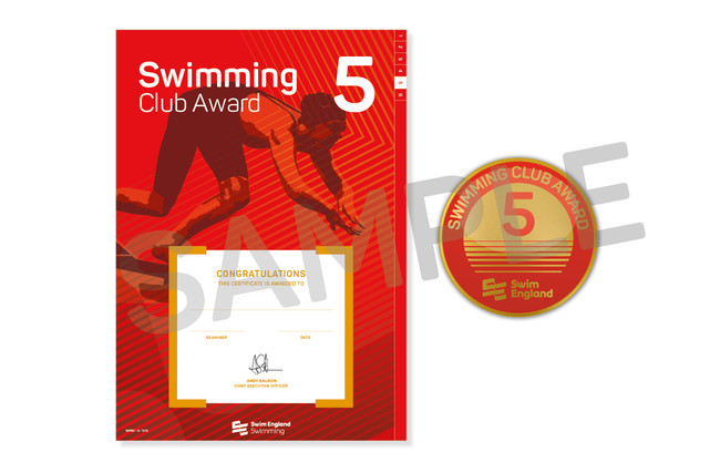 This is the Swim England Swimming Club 5 Award, which is an a4 certificate and pin badge.