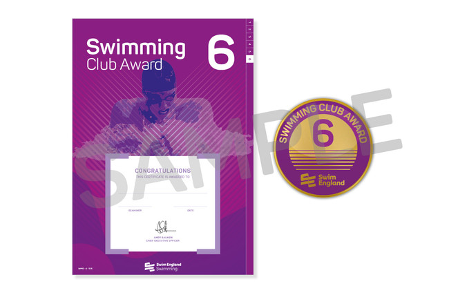 This is the Swim England Swimming Club 6 Award, which is an a4 certificate and pin badge.