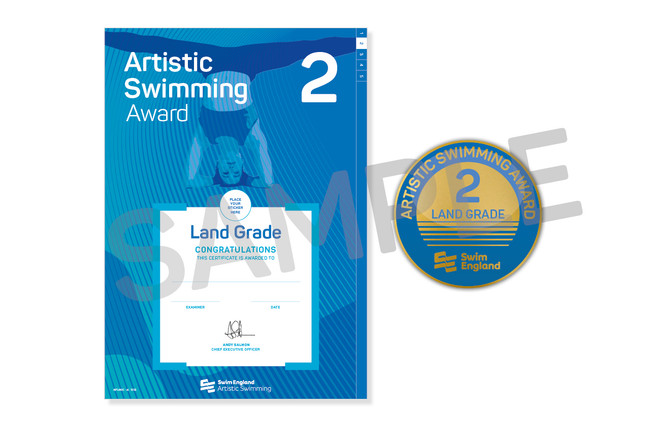 This is the Swim England Artistic Swimming Land 2 Award, which is an a4 certificate and pin badge.