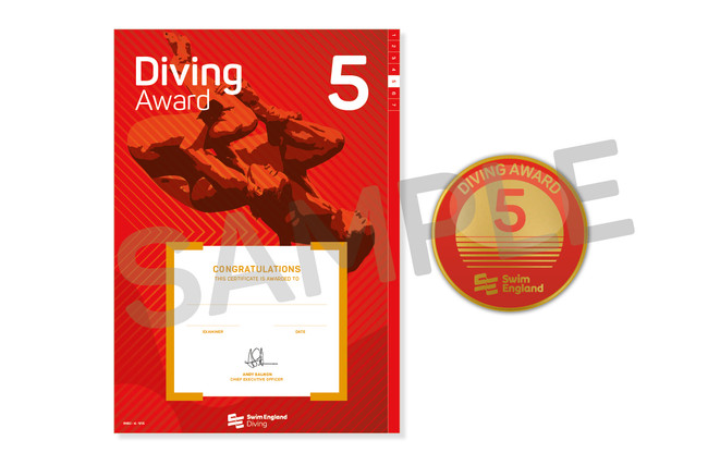This is the Swim England Diving 5 Award, which is an a4 certificate and pin badge.