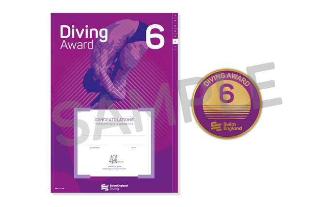 This is the Swim England Diving 6 Award, which is an a4 certificate and pin badge.