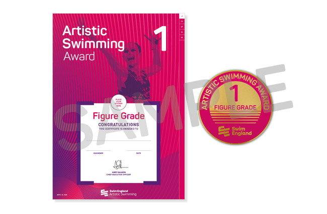 This is the Swim England Artistic Swimming Figure 1 Award, which is an a4 certificate and pin badge.