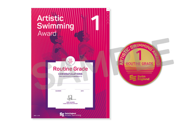 This is the Swim England Artistic Swimming Routine 1 Award, which is an a4 certificate and pin badge.