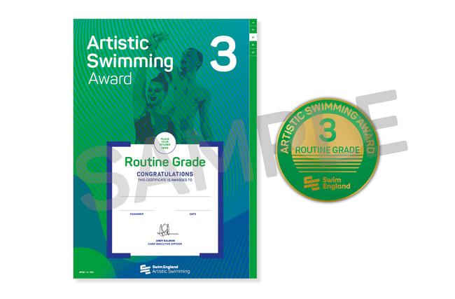 This is the Swim England Artistic Swimming Routine 3 Award, which is an a4 certificate and pin badge.