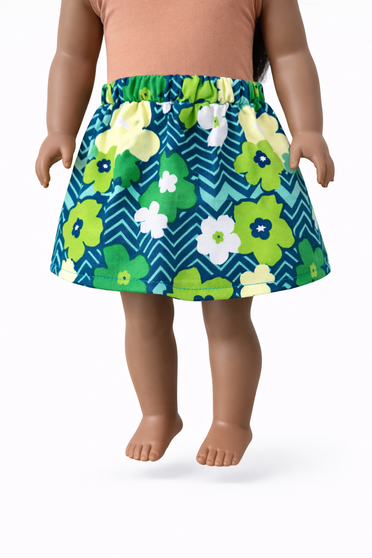 Green and blue floral Skirt for 18″ Dolls