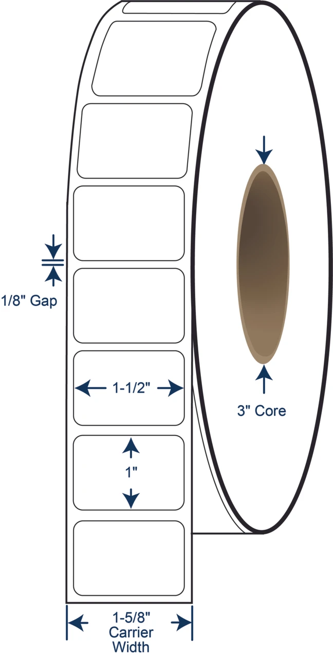 1-1/2 x 1 Non-Perforated Thermal Transfer Labels - 3 Inch Core - 8 Inch OD - SKU 620032