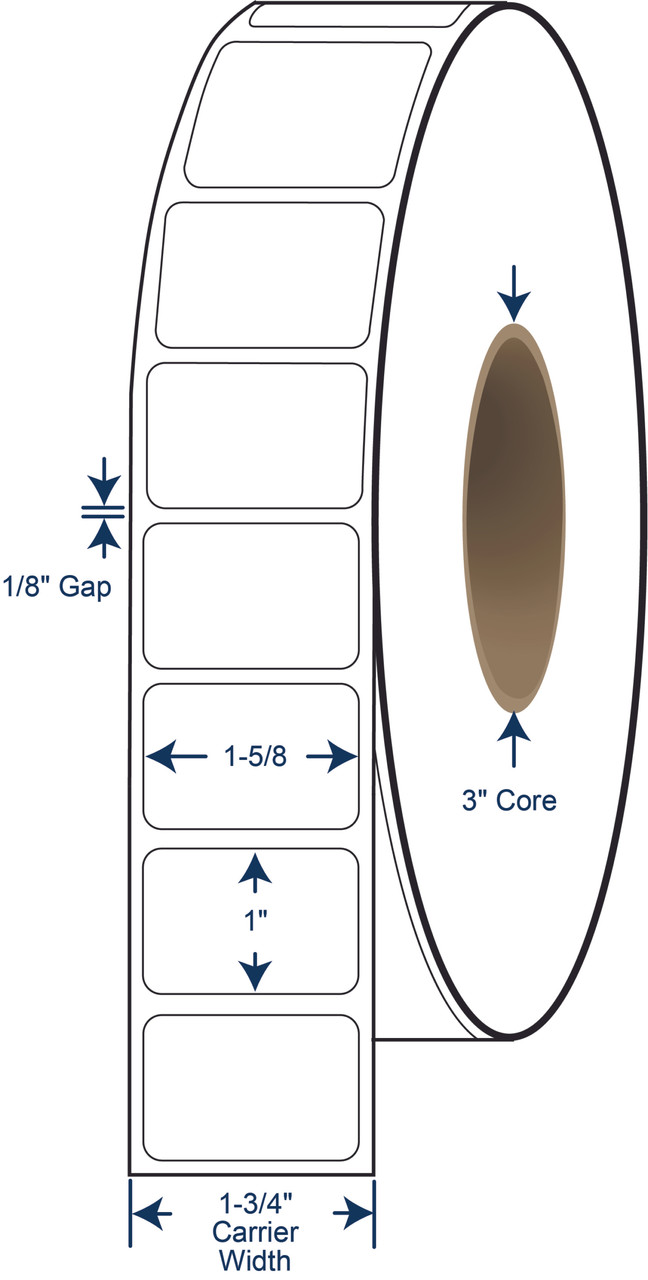 1-5/8 x 1 Non-Perforated Thermal Transfer Labels - 3 Inch Core - 8 Inch OD - SKU 620054