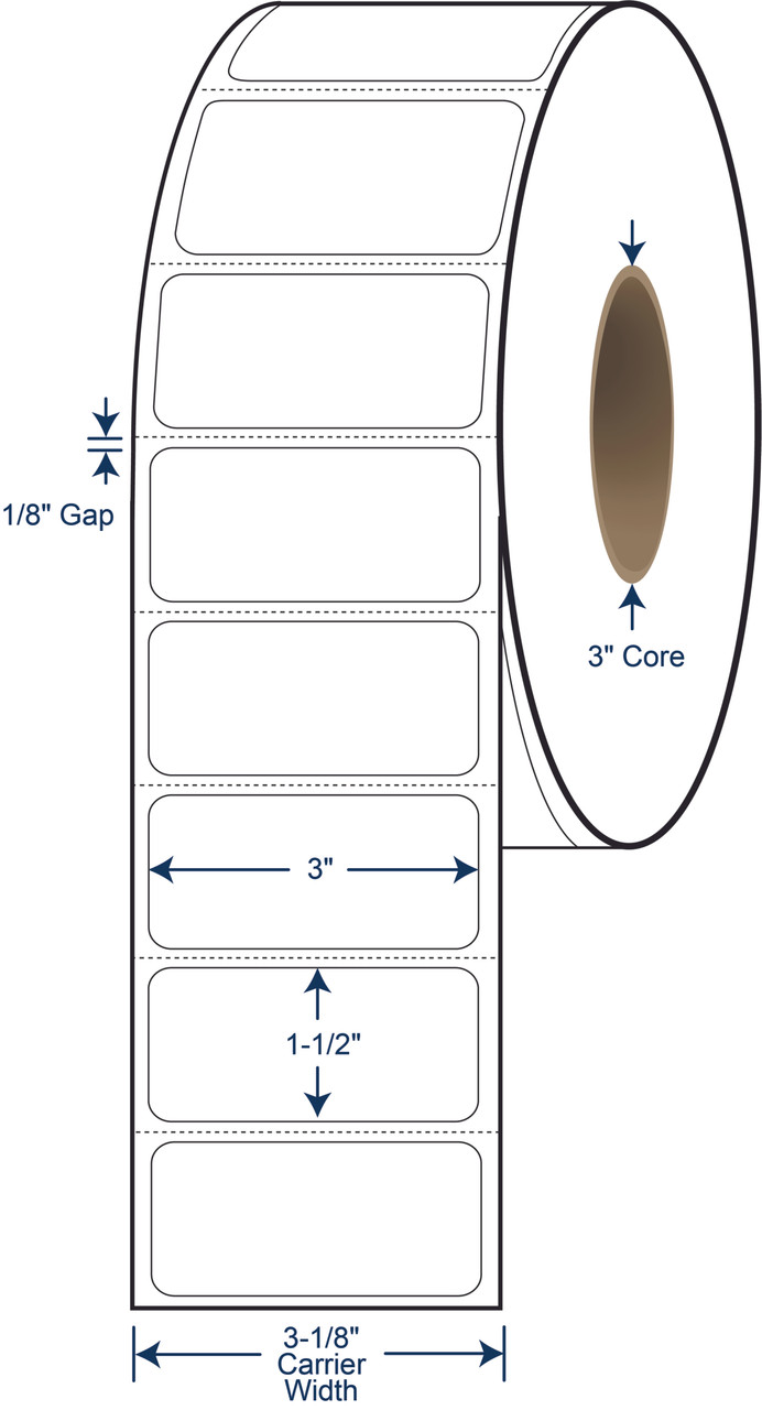 3 x 1-1/2 Thermal Transfer Labels - 3 Inch Core - 8 Inch OD - SKU 620188
