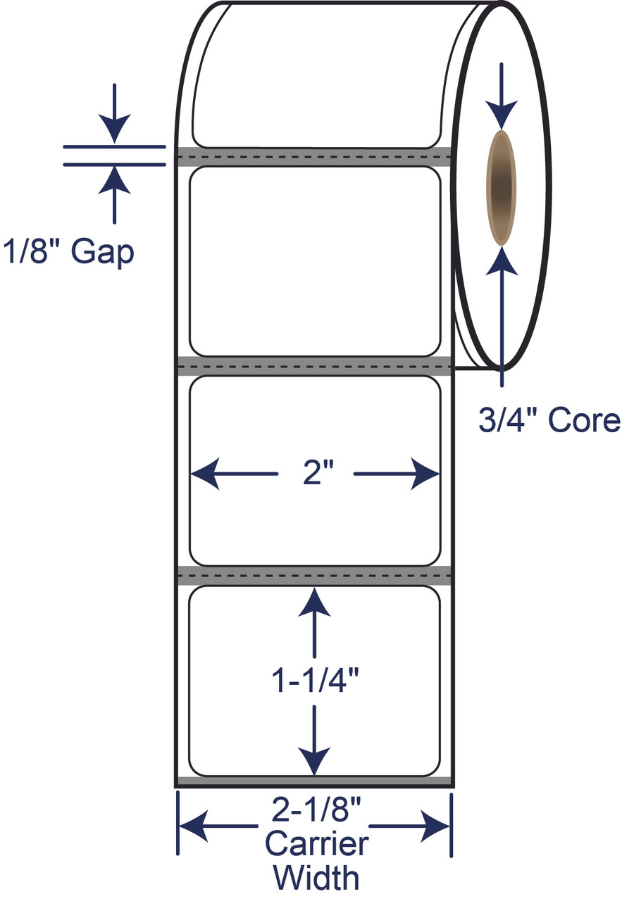 2 x 1.25 direct thermal labels with 3/4 inch core and timing mark 510669