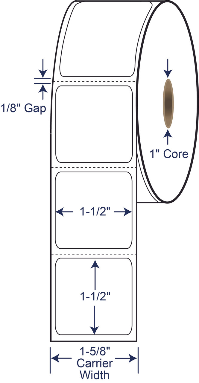 1-1/2 x 1-1/2 inch white direct thermal labels with 1 inch core