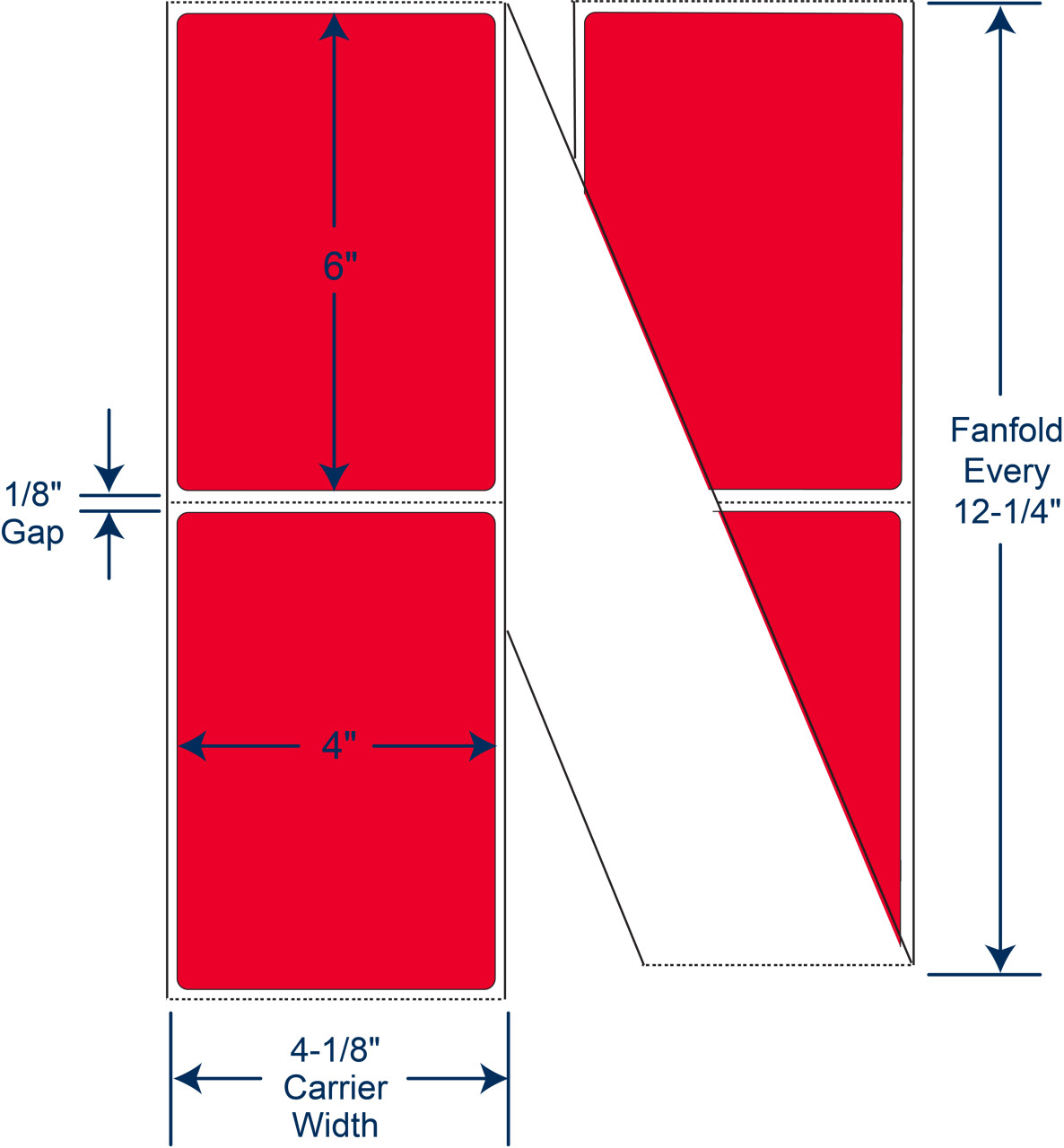 4 x 6 inch red PMS 185 fanfold direct thermal labels floodcoated permanent adhesive 4000 labels SKU 520163