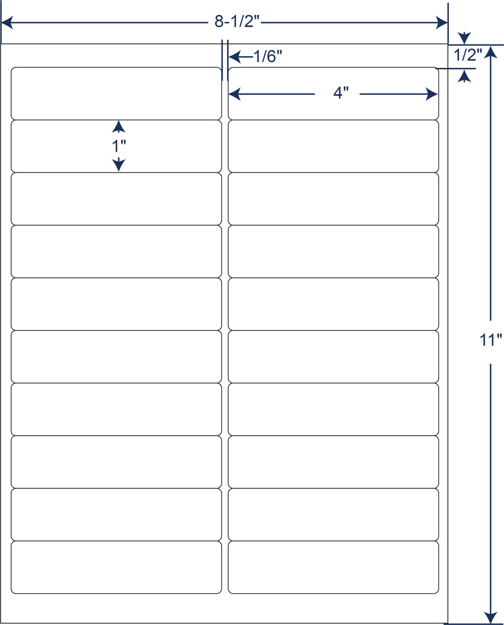 4 x 1 inch white sheeted paper labels with permanent adhesive, 20 labels per sheet, 100 sheets and 2000 labels per case, SKU 311174