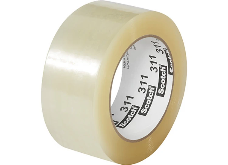 3M Scotch 311+ clear high-tack carton sealing tape, 2 inches wide by 110 yards per roll, 2.05 mil polypropylene backing with acrylic adhesive, 36 rolls per case, SKU T902311