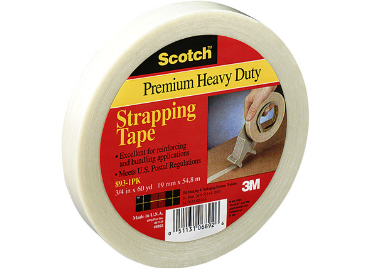 3M Scotch 893 clear filament tape, 3/4 inch x 60 yards, 48 rolls per case, glass yarn reinforced industrial packaging tape, T914893
