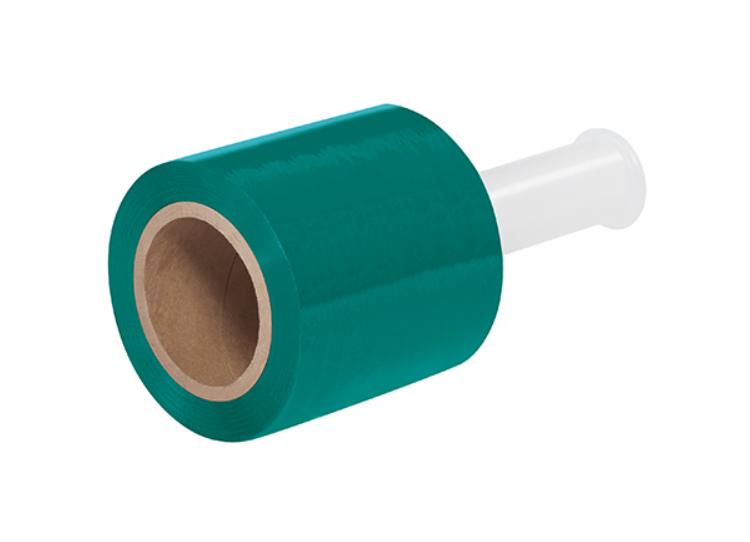 TNB305GREEN green bundling stretch film, 5 inches wide by 1000 feet long, 80 gauge cast film, 12 rolls per case with plastic dispenser