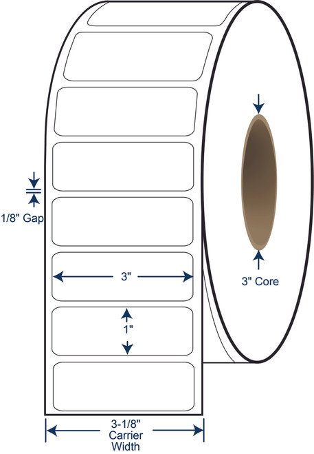 3 x 1 Non-Perforated Thermal Transfer Labels - 3 Inch Core - 8 Inch OD - SKU 623035