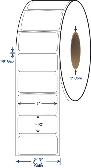 3 x 1-1/2 Thermal Transfer Labels - 3 Inch Core - 8 Inch OD - SKU 620188