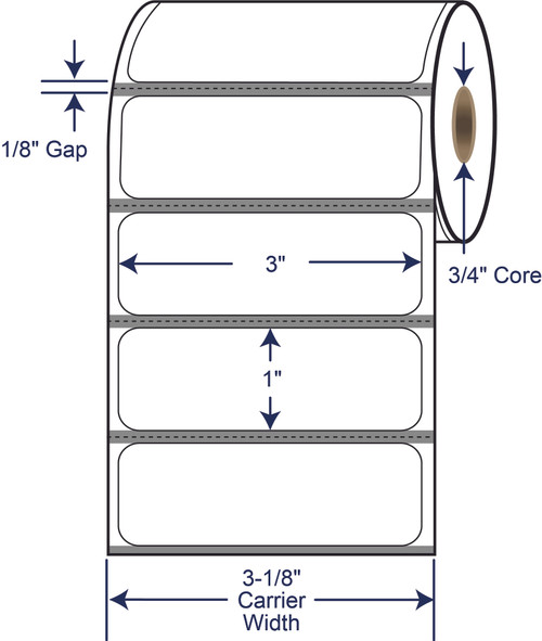 3 x 1 inch white direct thermal labels with 3/4 inch core and timing mark 510702