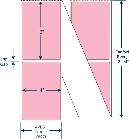 4 x 6 inch pastel pink PMS 182 fanfold direct thermal labels floodcoated permanent adhesive 4000 labels SKU 520097