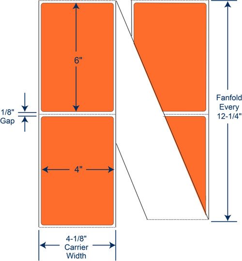 4 x 6 inch orange PMS 021 fanfold direct thermal labels floodcoated permanent adhesive 4000 labels SKU 520141