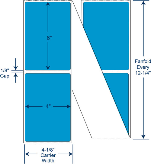 4 x 6 inch fluorescent blue PMS 801 fanfold direct thermal labels with permanent adhesive, 4000 labels per case, SKU 520185