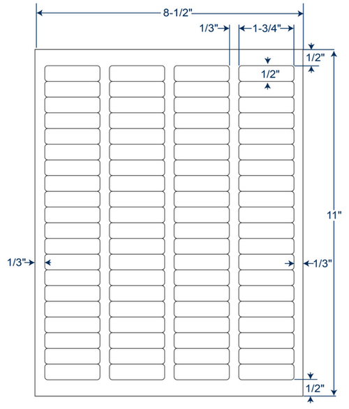 1-3/4 x 1/2 inch white sheeted paper labels with permanent adhesive, 80 labels per sheet, 1000 sheets and 80000 labels per case, SKU 340749