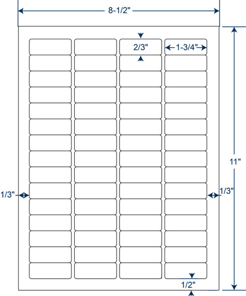 1-3/4 x 2/3 inch white sheeted paper labels with permanent adhesive, 60 labels per sheet, 1000 sheets and 60000 labels per case, SKU 345770
